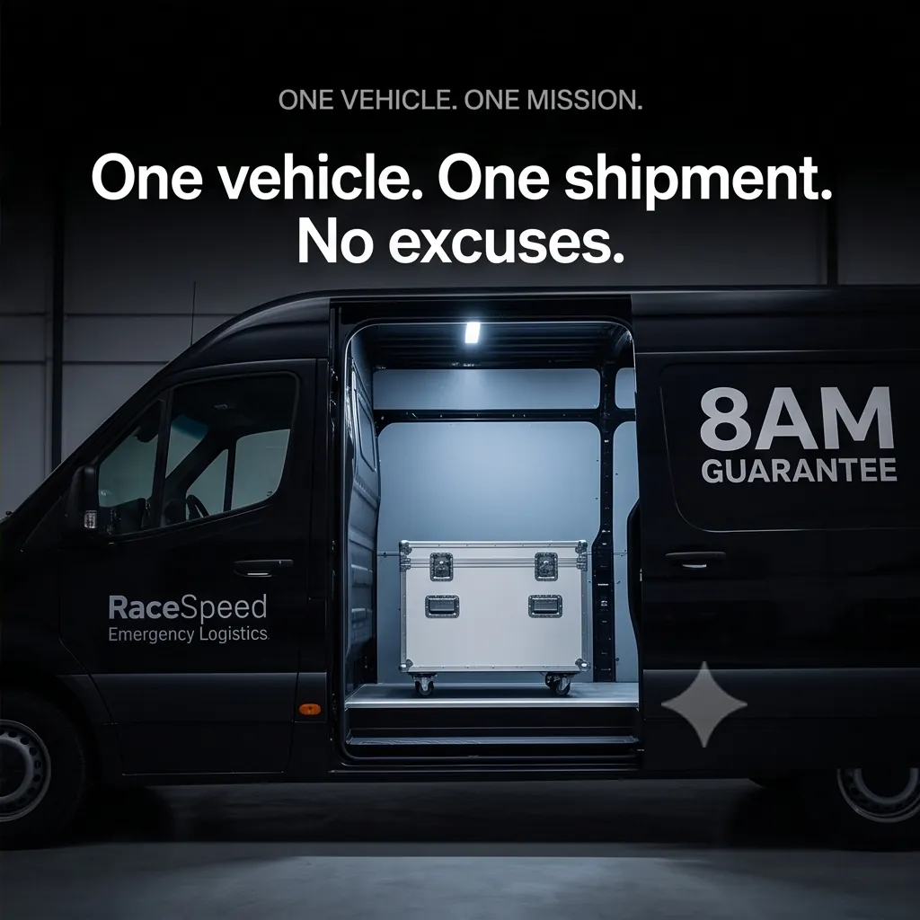 Black RaceSpeed Mercedes Sprinter with a single silver flight case aboard, one vehicle carrying one shipment