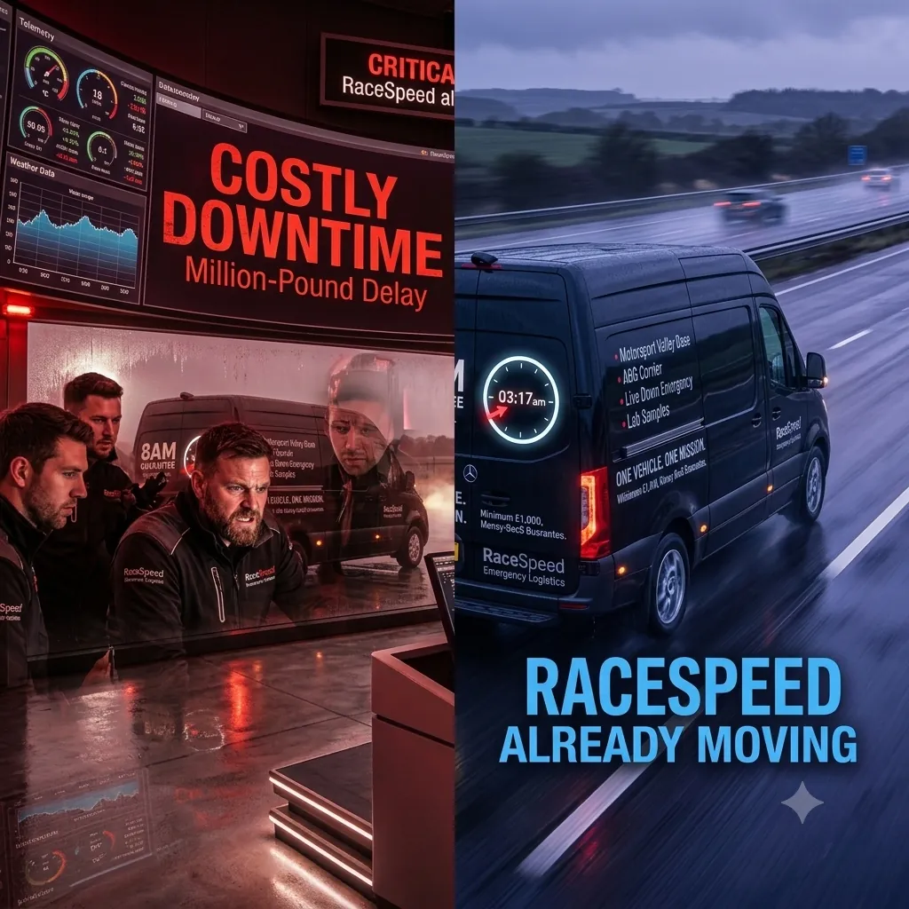 Split screen of engineers counting the cost of downtime while the RaceSpeed van is already moving through the night